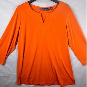 Susan Graver Style Coral/Orange 3/4 Sleeve V-Neck Keyhole Tunic Top Women L